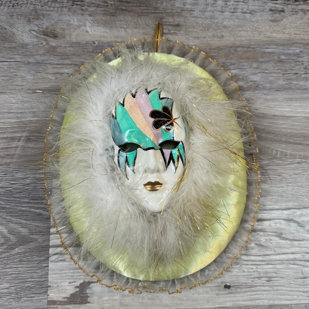 Decorative Venetian Style Wall Mask Pastel Feather Trim Gold Accents